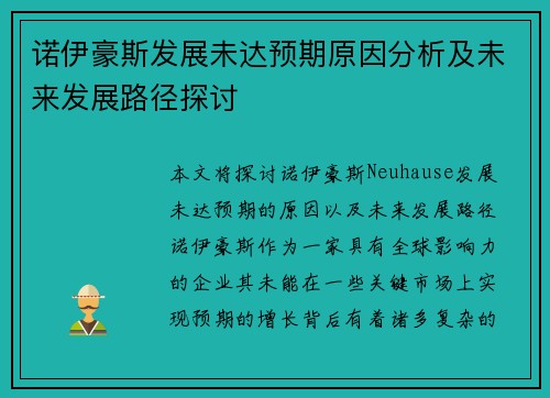 诺伊豪斯发展未达预期原因分析及未来发展路径探讨 诺伊豪斯发展未达预期原因分析及未来发展路径探讨